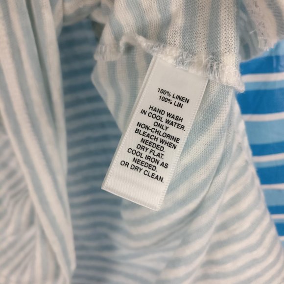 Linen Blouse, 100% Linen Blue Gray White striped top Mother of pearl button, S - Picture 7 of 10